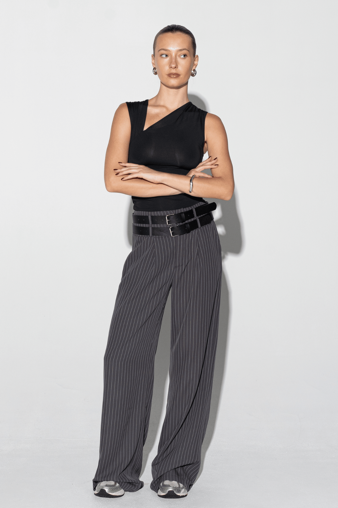 Ape the Label | Dixie Double Belt Pant - Pinstripe Stone