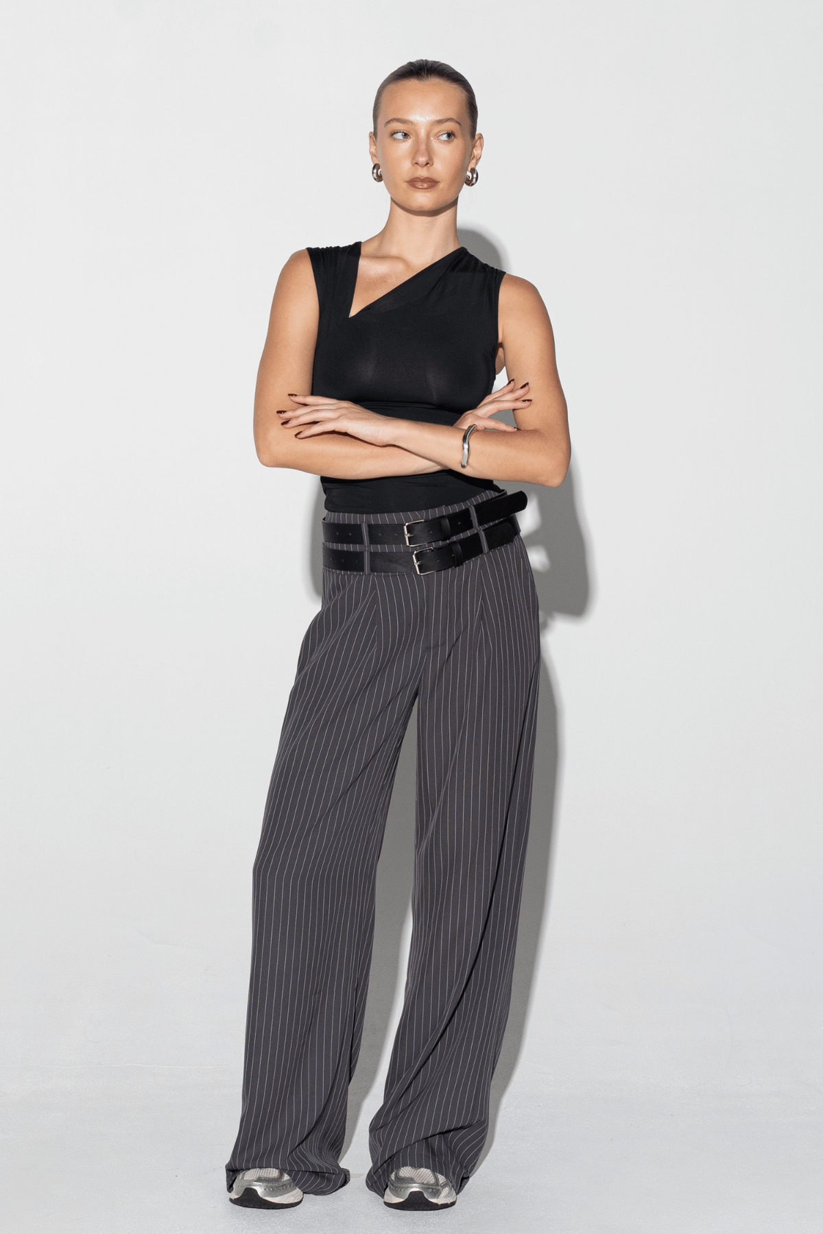 Ape the Label | Dixie Double Belt Pant - Pinstripe Stone