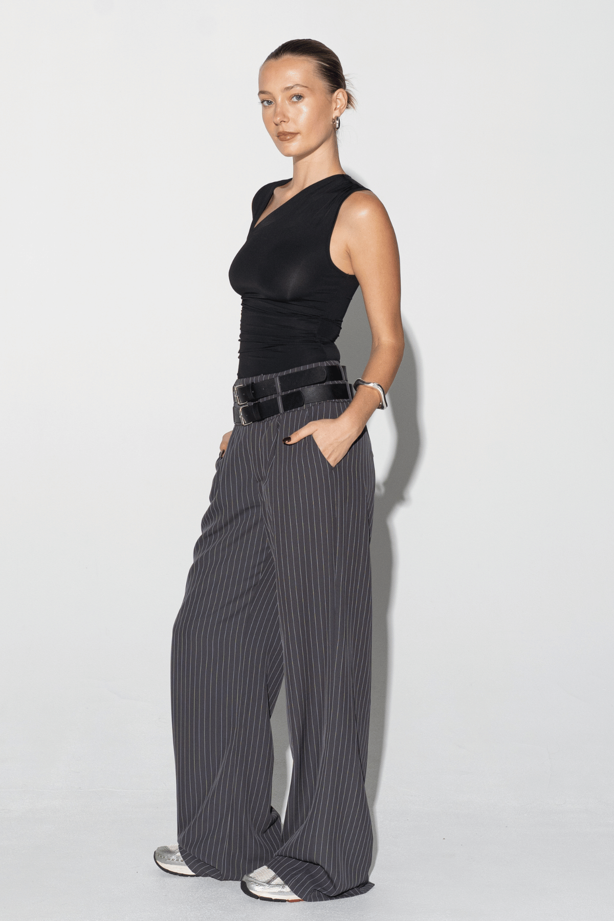 Ape the Label | Dixie Double Belt Pant - Pinstripe Stone