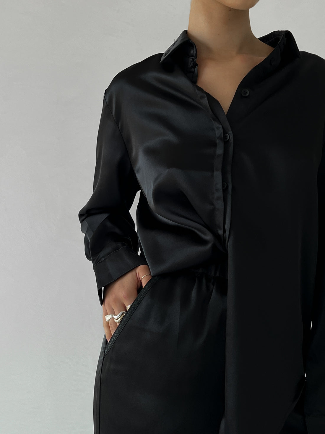Satin Long Sleeve Shirt - Black