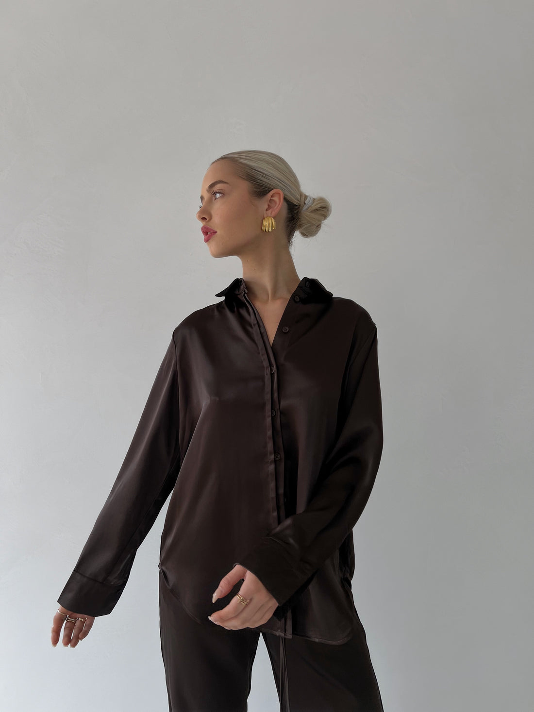 Satin Long Sleeve Shirt - Chocolate