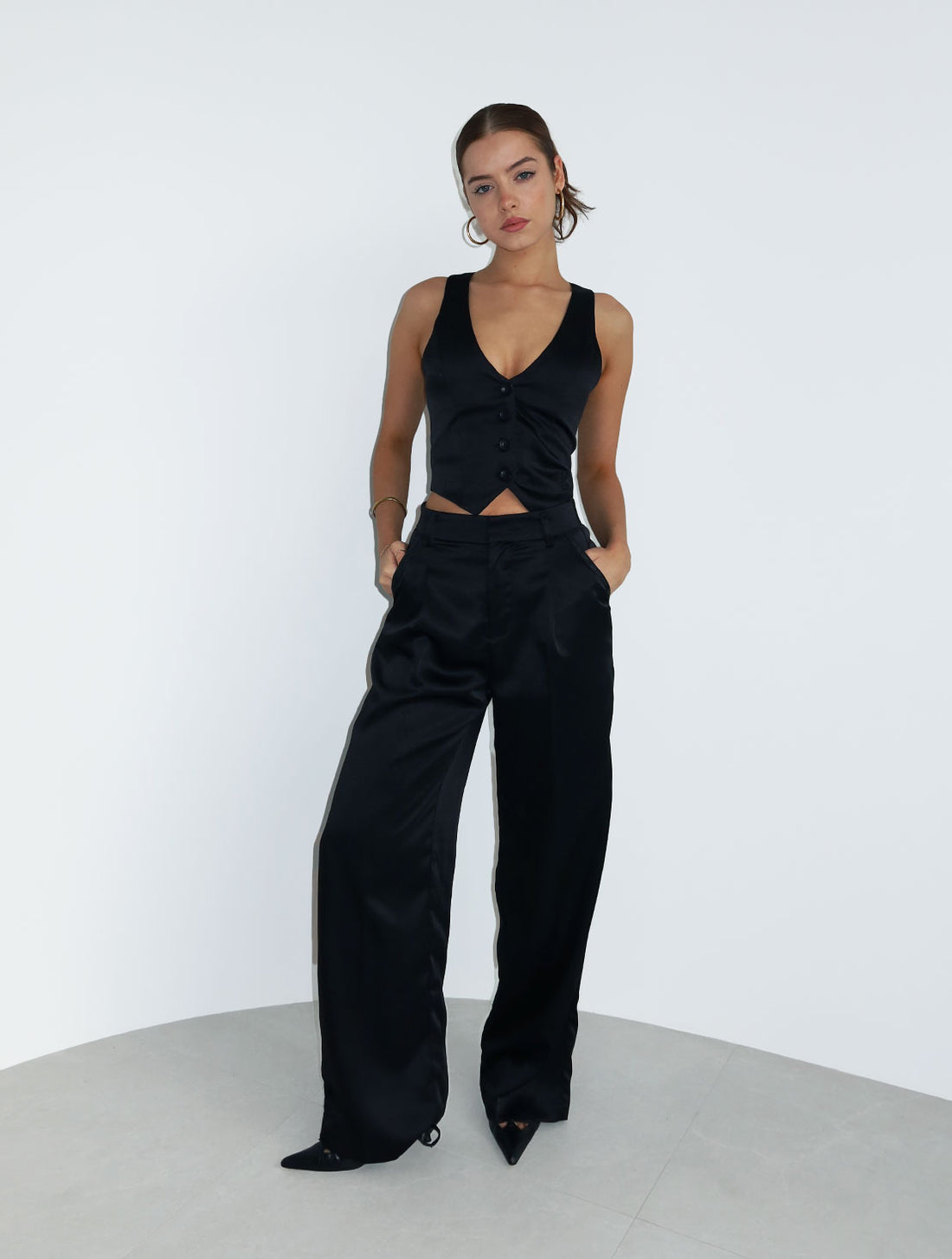 Satin Cropped Waistcoat - Black